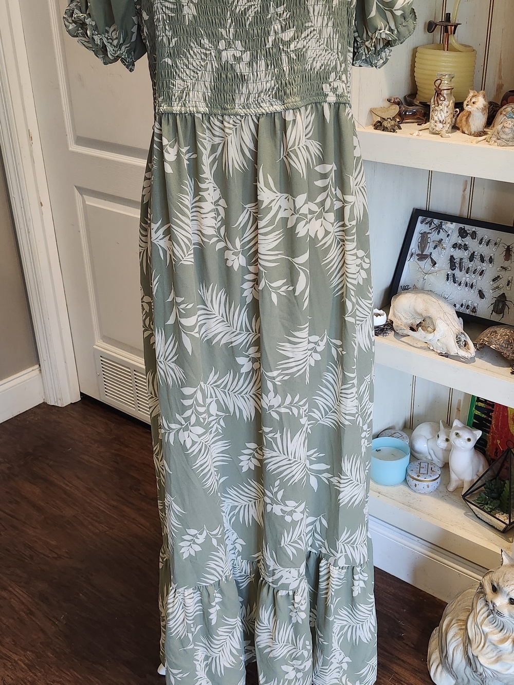 Inspired Hearts Sage Green and White Leaf Print Maxi Dress